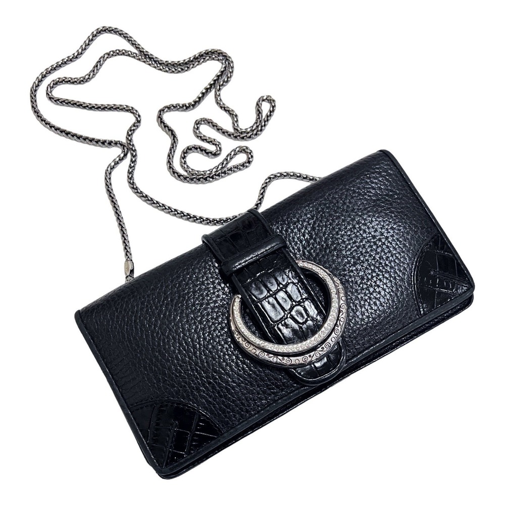 Brighton Phone Wallet Organizer Black Leather Crossbody Silver Chain Strap
